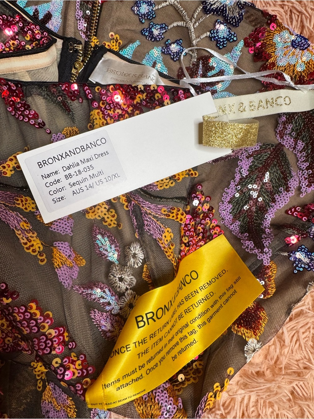 NWT Bronx & Banco Dahlia Sequin Multi Color Maxi Dress. Size 10/XL - Picture 16 of 16